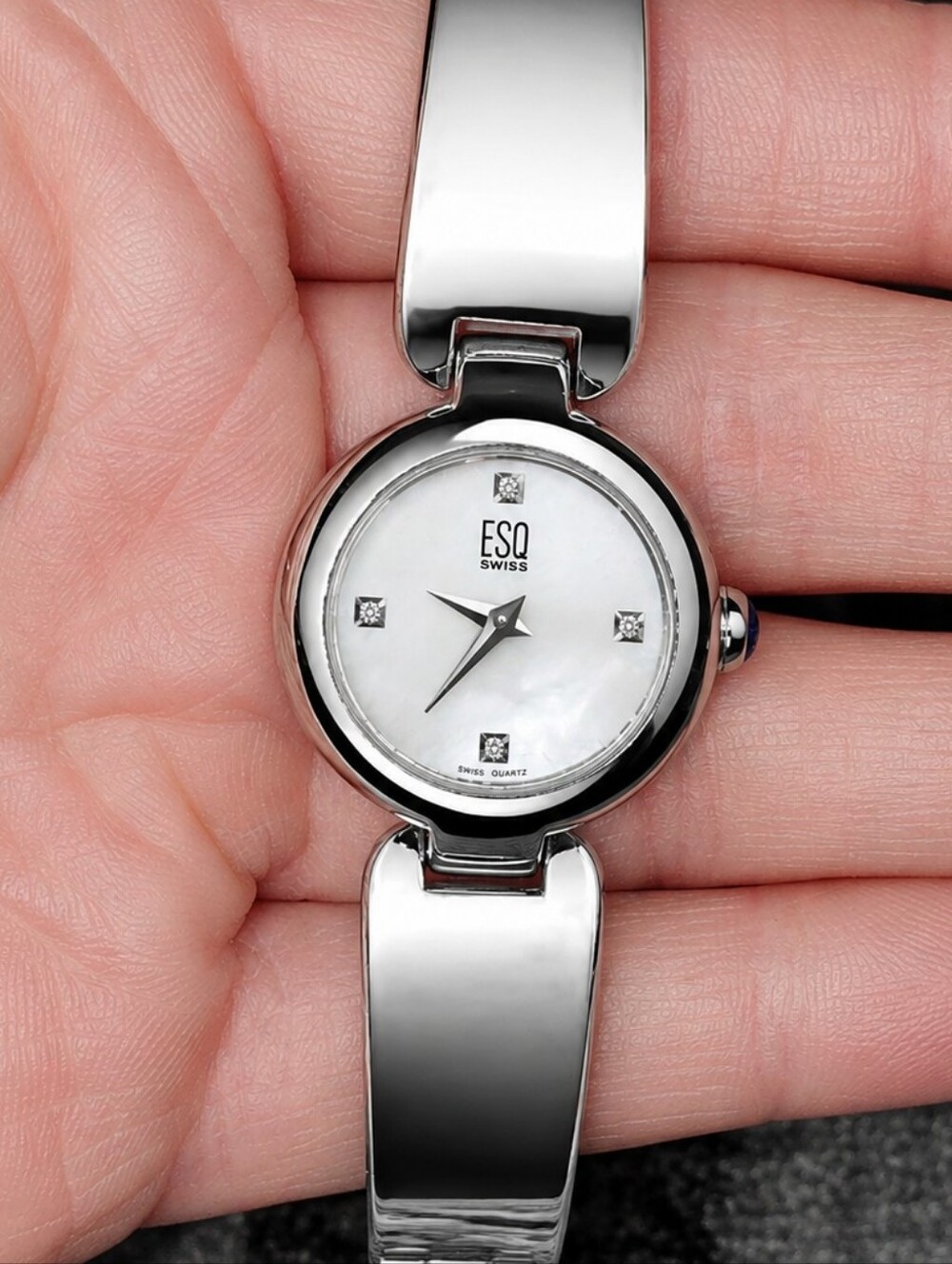 ESQ by Movado Swiss Diamond Mother of Pearl Stainless Steel Bangle Watch CC
